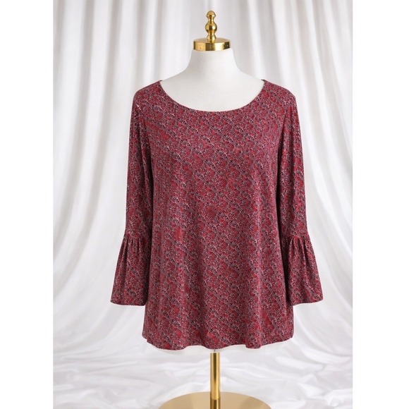 J. Jill Tops - J Jill Popover Top Size Large Red Black Floral Print Soft Modal Knit Bell Slv